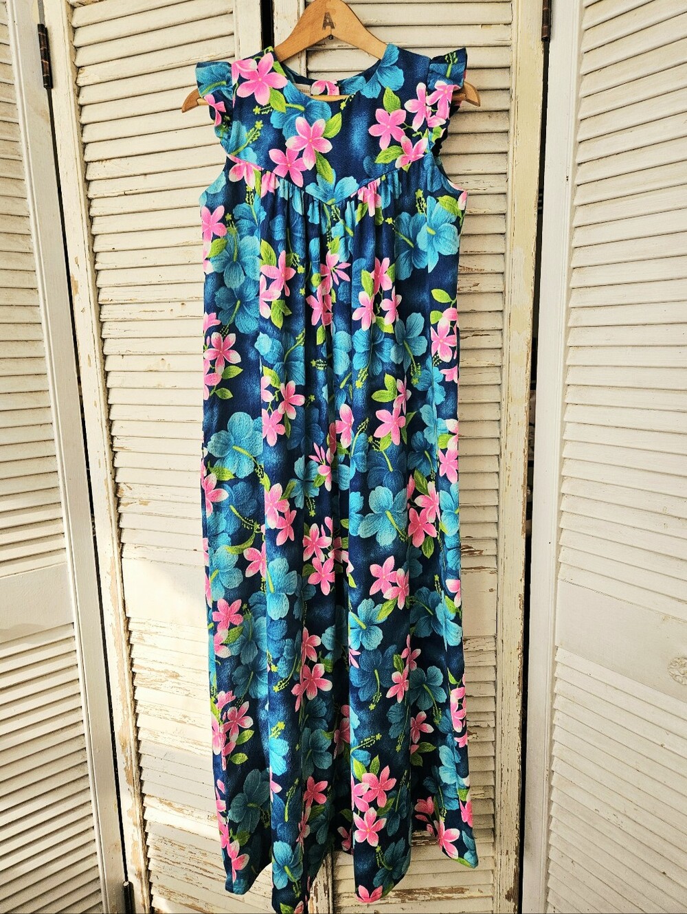 Vintage 1960s Royal Hawaiian Cotton Maxi Dress Neon Flower Made In Hawaii Small